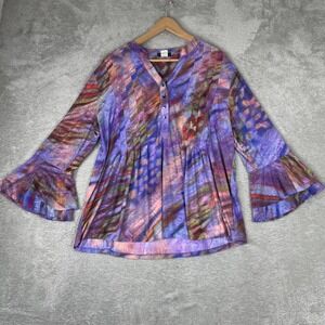 Cocomo Blouse Women XL Purple Tie Dye Bell Sleeve Pleated Henley Boho Whimsigoth